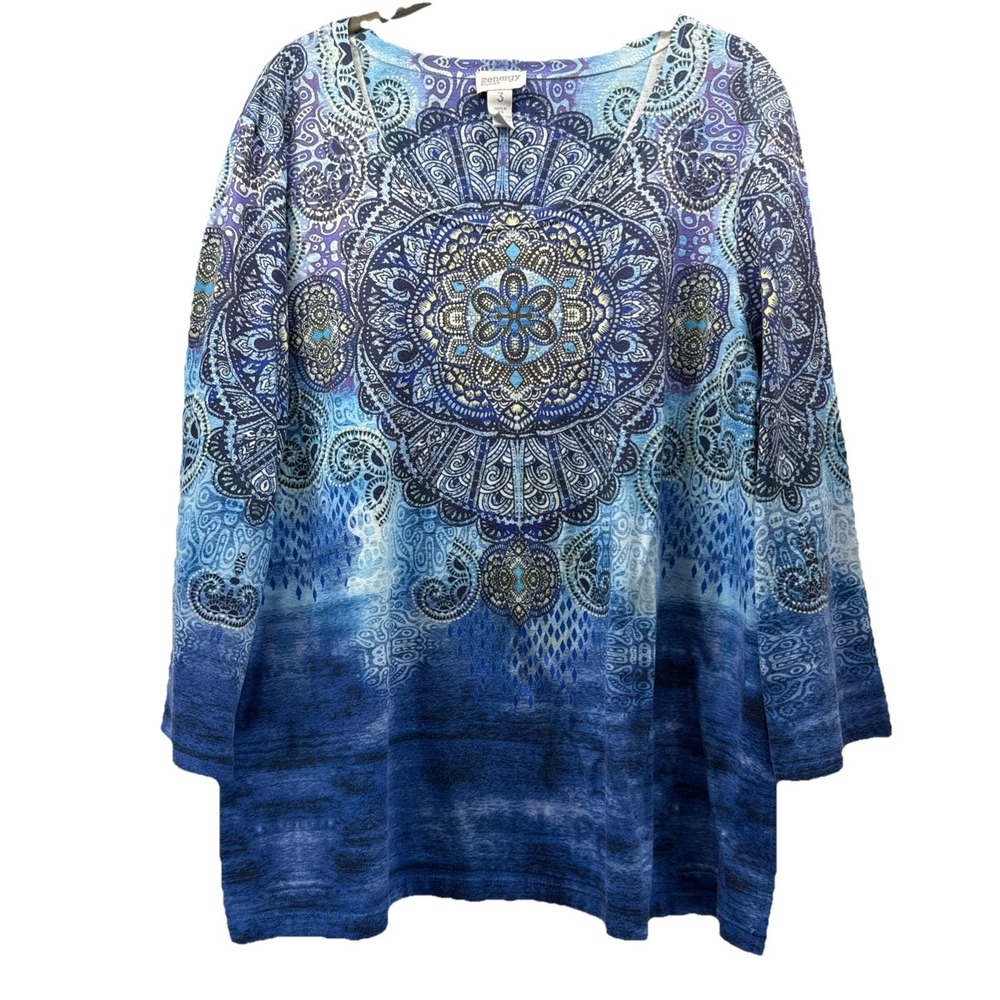 Zenergy Chicos Women's Top Size XL Blue Paisley Bohemian Pullover 3/4 Sleeves